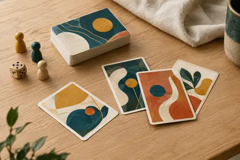 Cartes de jeu disposées sur une table en bois clair, dans une ambiance chaleureuse aux tons crème et safran.