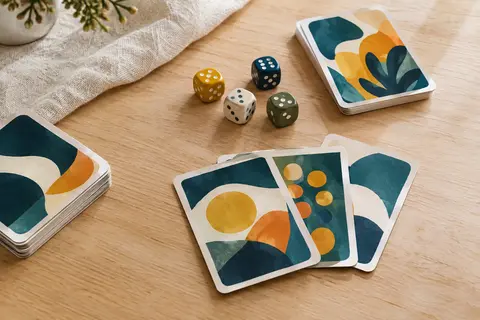 Cartes illustrées et quatre dés colorés disposés sur une table en bois clair