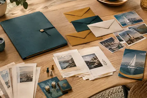 Dossier d’enquête en papier avec enveloppes et documents disposés sur une table en bois clair