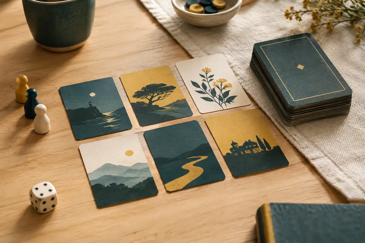 Cartes d’un jeu d’enquête de poche organisées sur une table en bois clair