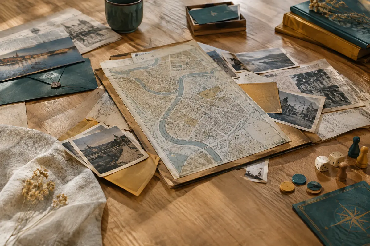 Dossier d’enquête avec plan de ville, enveloppes, photographies et documents disposés sur une table claire