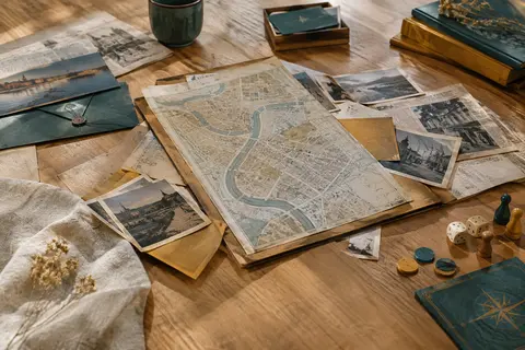 Dossier d’enquête avec plan de ville, enveloppes, photographies et documents disposés sur une table claire