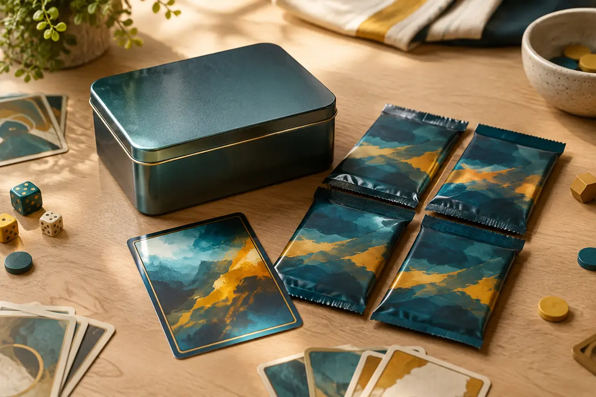 Boîte métallique de cartes à collectionner avec une carte brillante et quatre paquets sur une table claire.