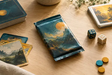 Booster de cartes à collectionner posé sur une table en bois clair avec quelques cartes génériques autour.