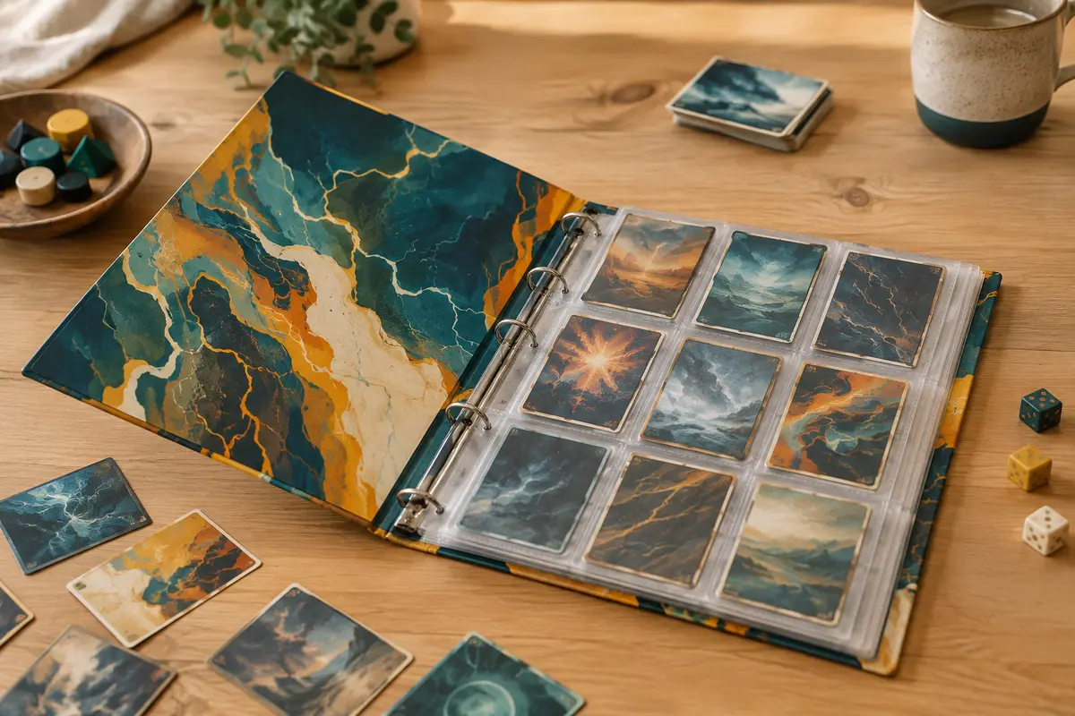 Classeur multicolore à pochettes ouvert près de cartes à collectionner sur une table en bois clair.