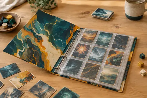 Classeur multicolore à pochettes ouvert près de cartes à collectionner sur une table en bois clair.