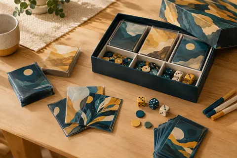 Coffret de cartes à collectionner ouvert avec boosters, protège-cartes, dés et boîte de rangement à séparateurs