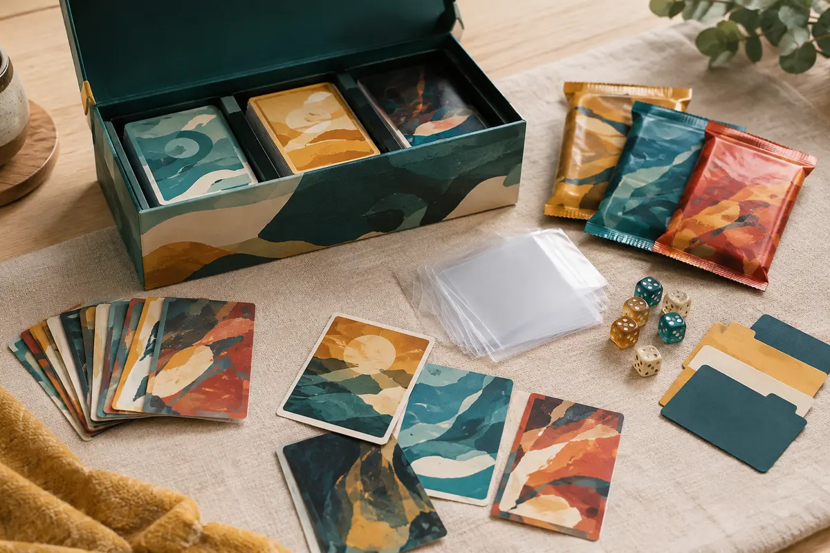 Coffret de cartes à collectionner ouvert avec paquets, protège-cartes, dés et séparateurs sur une table claire.