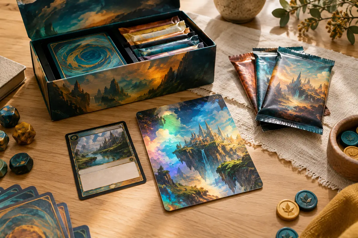 Coffret de cartes à collectionner ouvert avec une carte promo brillante et une carte lenticulaire grand format.