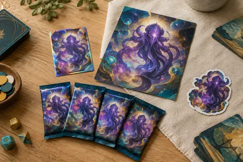 Carte brillante Mewtwo-ex, carte grand format, boosters et autocollant disposés sur une table claire.