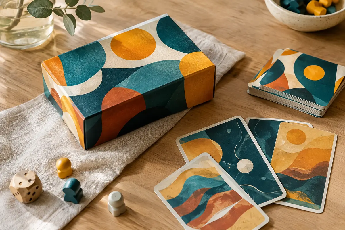 Coffret multicolore de cartes à collectionner posé sur une table en bois clair avec des cartes aux motifs abstraits