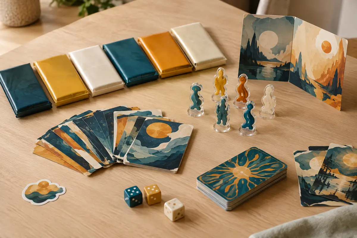 Collection de cartes brillantes, boosters et figurines acryliques disposés devant un décor recto verso