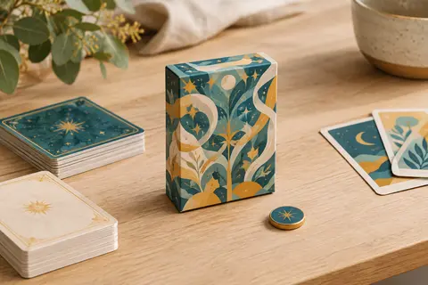 Mini-boîte illustrée posée sur une table en bois clair avec des paquets de cartes et une pièce ronde