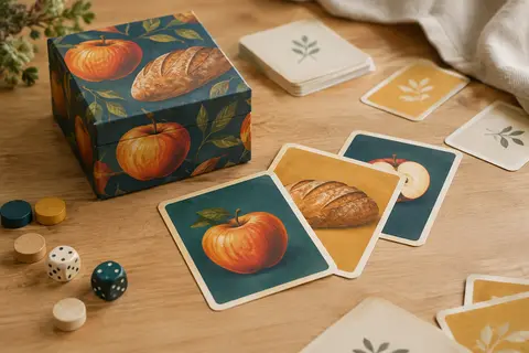 Boîte compacte et cartes illustrées de pommes et de pains disposées sur une table en bois clair.