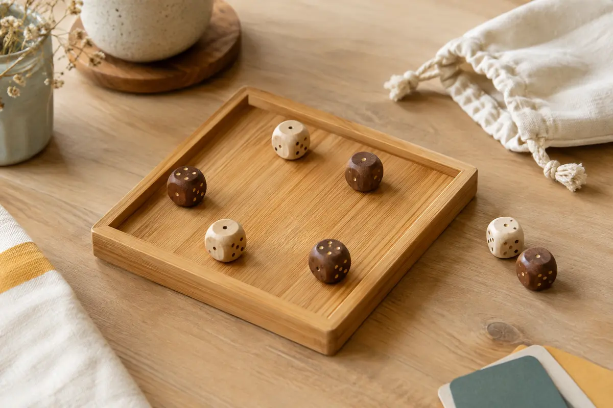 Plateau de stratégie en bambou accompagné de dés en bois clairs et bruns et d’une pochette en coton