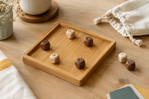 Plateau de stratégie en bambou accompagné de dés en bois clairs et bruns et d’une pochette en coton