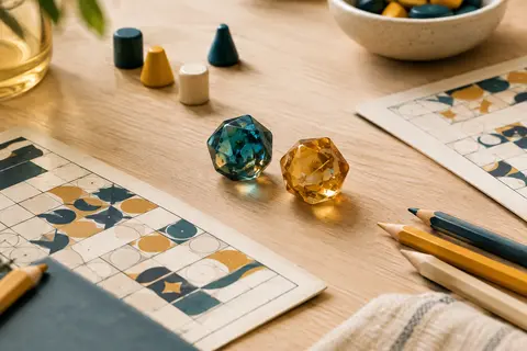 Deux dés translucides, des feuilles quadrillées et des crayons disposés sur une table en bois clair.