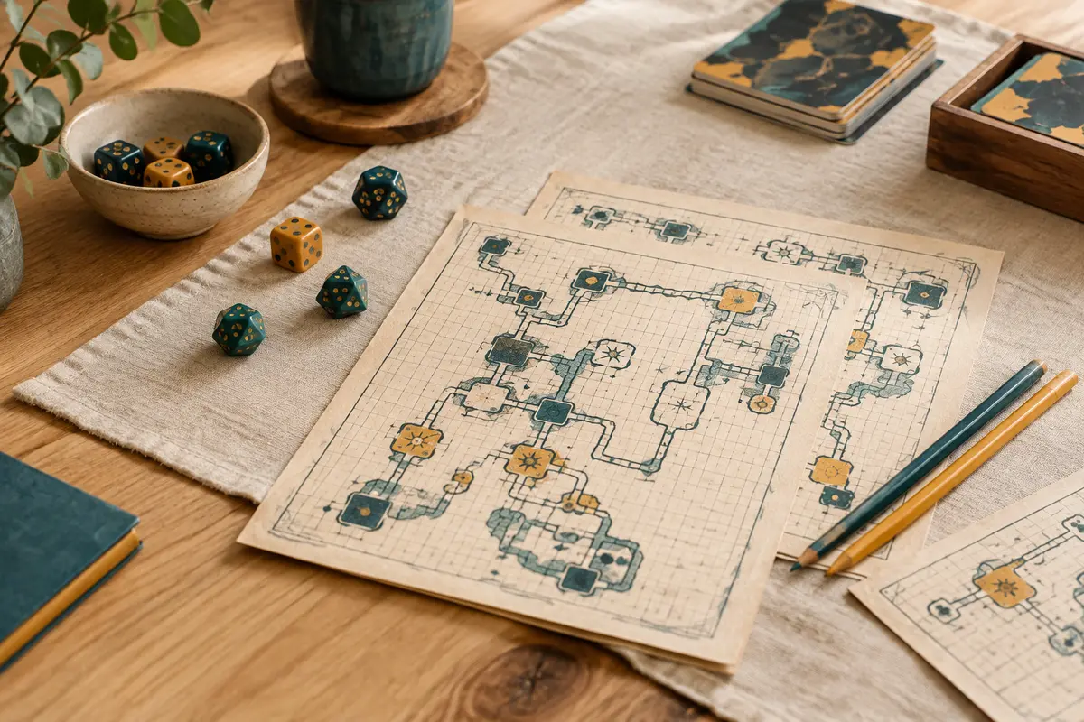 Dés, crayons et fiches d’aventure de donjon disposés sur une table en bois clair et en lin écru.
