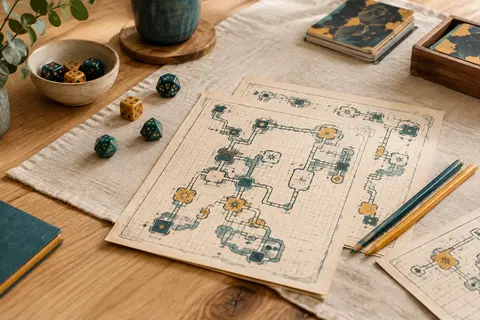 Dés, crayons et fiches d’aventure de donjon disposés sur une table en bois clair et en lin écru.