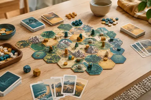 Plateau modulable, cartes d’expédition et pions du jeu El Dorado disposés sur une table claire