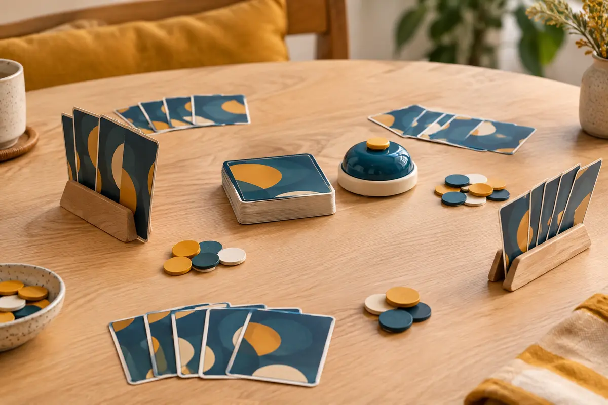 Cartes, jetons en carton et buzzer du jeu d’ambiance disposés sur une table en bois clair