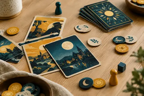 Cartes et jetons d’un jeu de rôles cachés disposés sur une table en bois clair