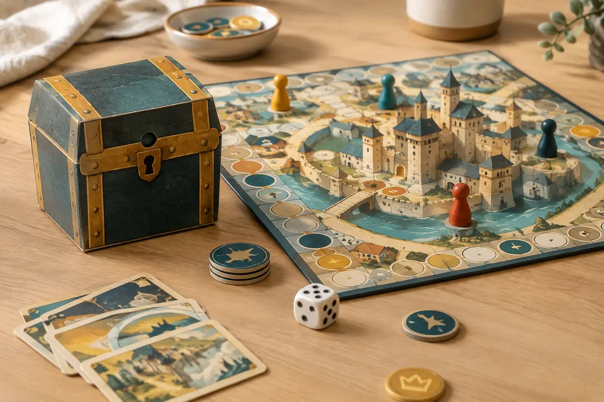 Coffre électronique, plateau, dé, pions et jetons d’un jeu d’enquête disposés sur une table en bois clair