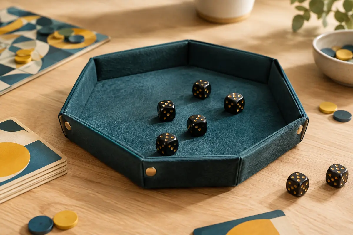 Arène de jeu, tapis en mousse et dés sombres disposés sur une table en bois clair.