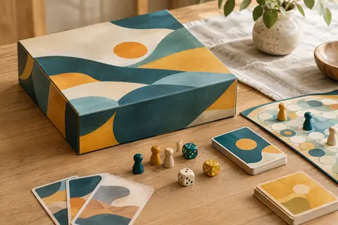 Boîte multicolore de jeu de stratégie entourée de pions et de cartes sur une table en bois clair.
