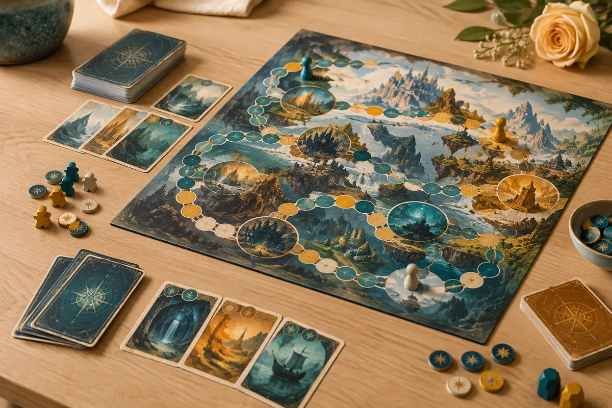 Jeu de deckbuilding aux cartes et pions en carton disposés sur une table en bois clair