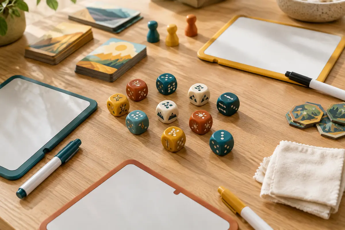 Dés multicolores, plateaux effaçables et crayons disposés sur une table en bois clair