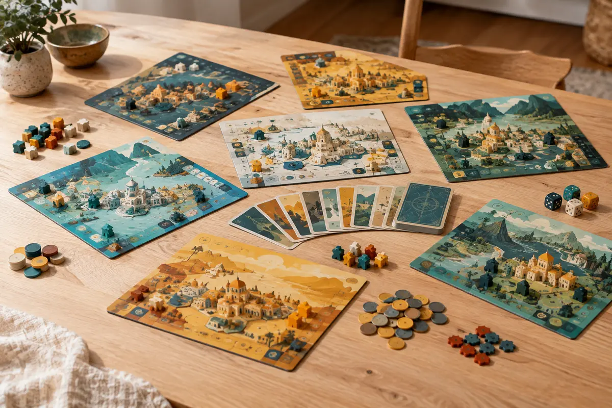Jeu de civilisation avec cartes, planches de cité, marqueurs de conflit et pièces sur une table claire