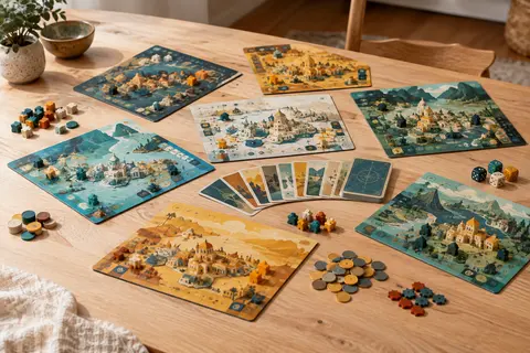 Jeu de civilisation avec cartes, planches de cité, marqueurs de conflit et pièces sur une table claire