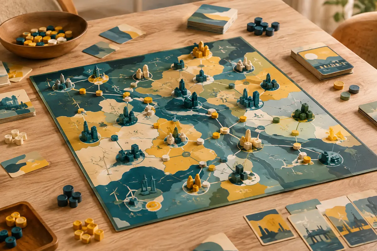 Jeu de stratégie économique avec plateau de réseau, pions et éléments en carton sur une table claire.