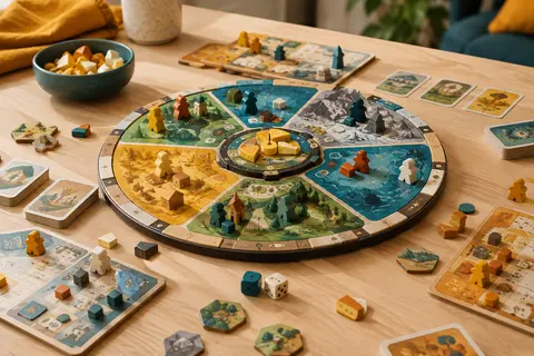 Plateau de jeu rotatif avec travailleurs, cartes et pièces de fromage sur une table en bois clair