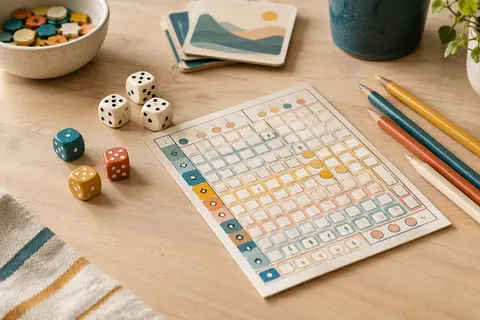 Grille de jeu sur une table en bois clair, entourée de dés colorés et de crayons