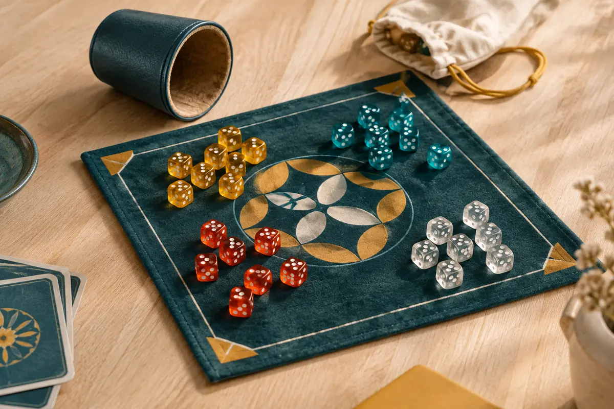 Tapis de jeu, gobelet, sac et dés transparents de quatre couleurs disposés sur une table en bois clair
