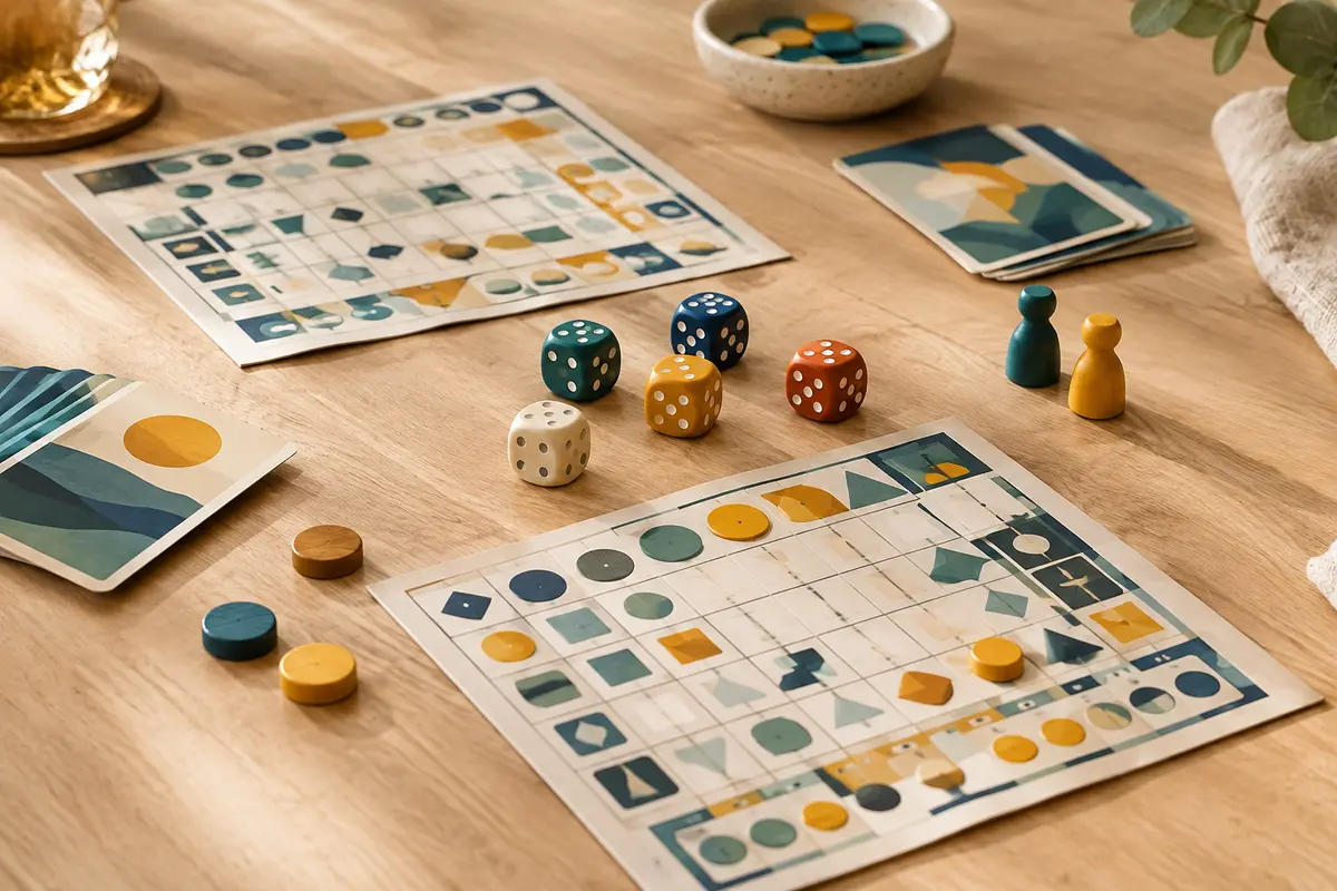 Jeu de dés multicolores et feuilles de jeu en carton disposés sur une table en bois clair
