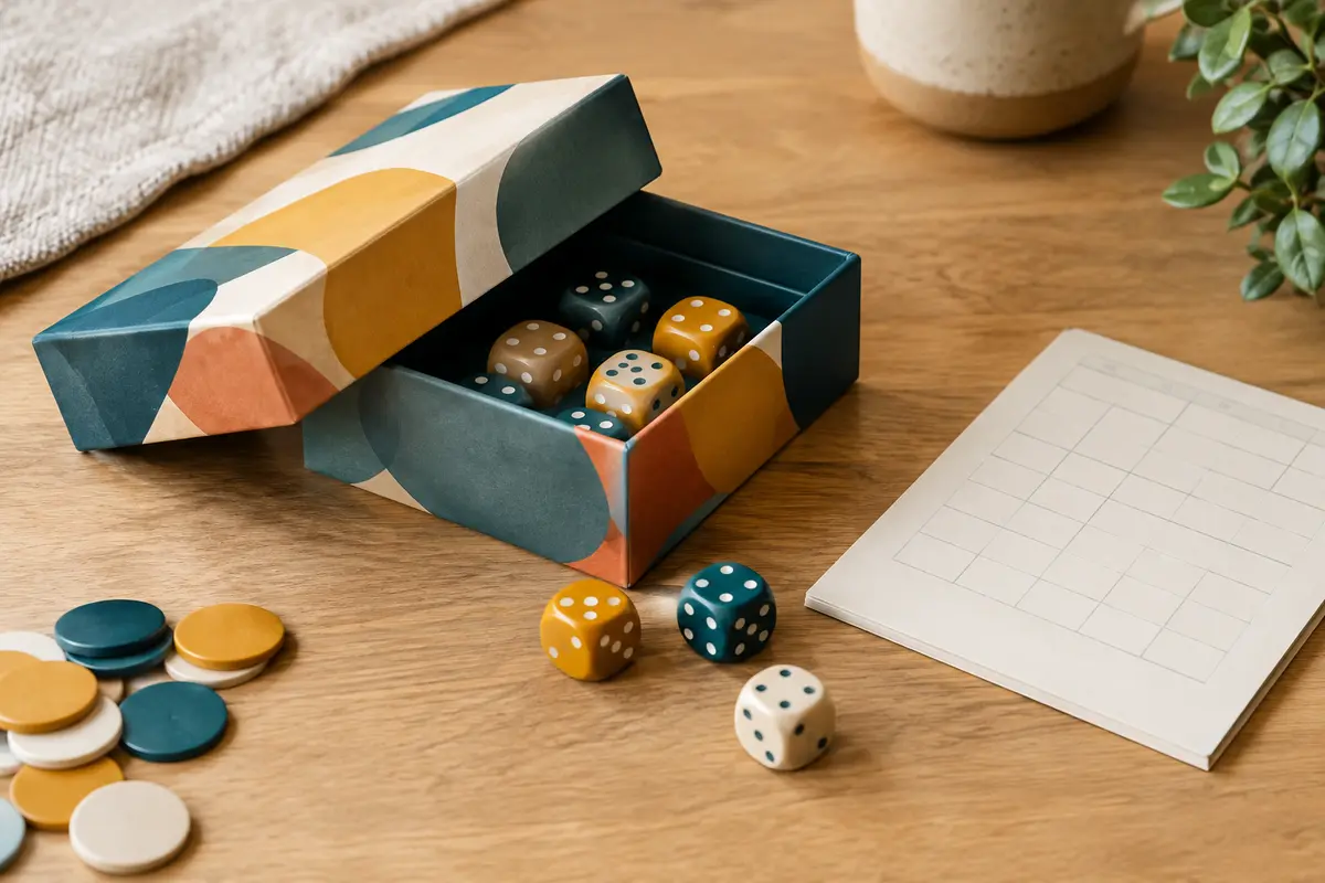 Jeu de dés Vraiment très futé posé sur une table claire avec quelques dés colorés