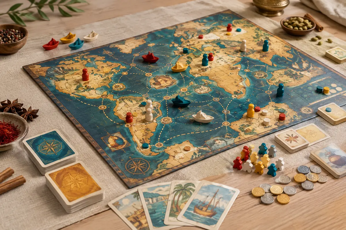 Plateau, cartes, petits bateaux et pièces multicolores du jeu La Route des épices