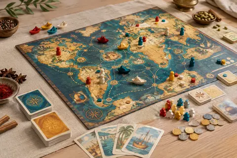 Plateau, cartes, petits bateaux et pièces multicolores du jeu La Route des épices
