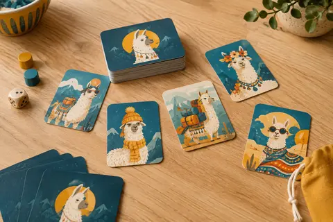 Cartes illustrées de lamas disposées sur une table en bois clair pour un jeu d’observation.