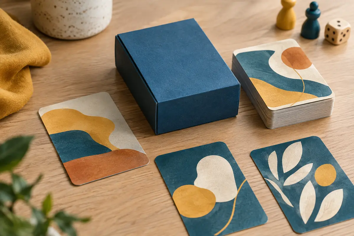 Boîte bleue de jeu de cartes de conversation entourée de cartes sur une table en bois clair.