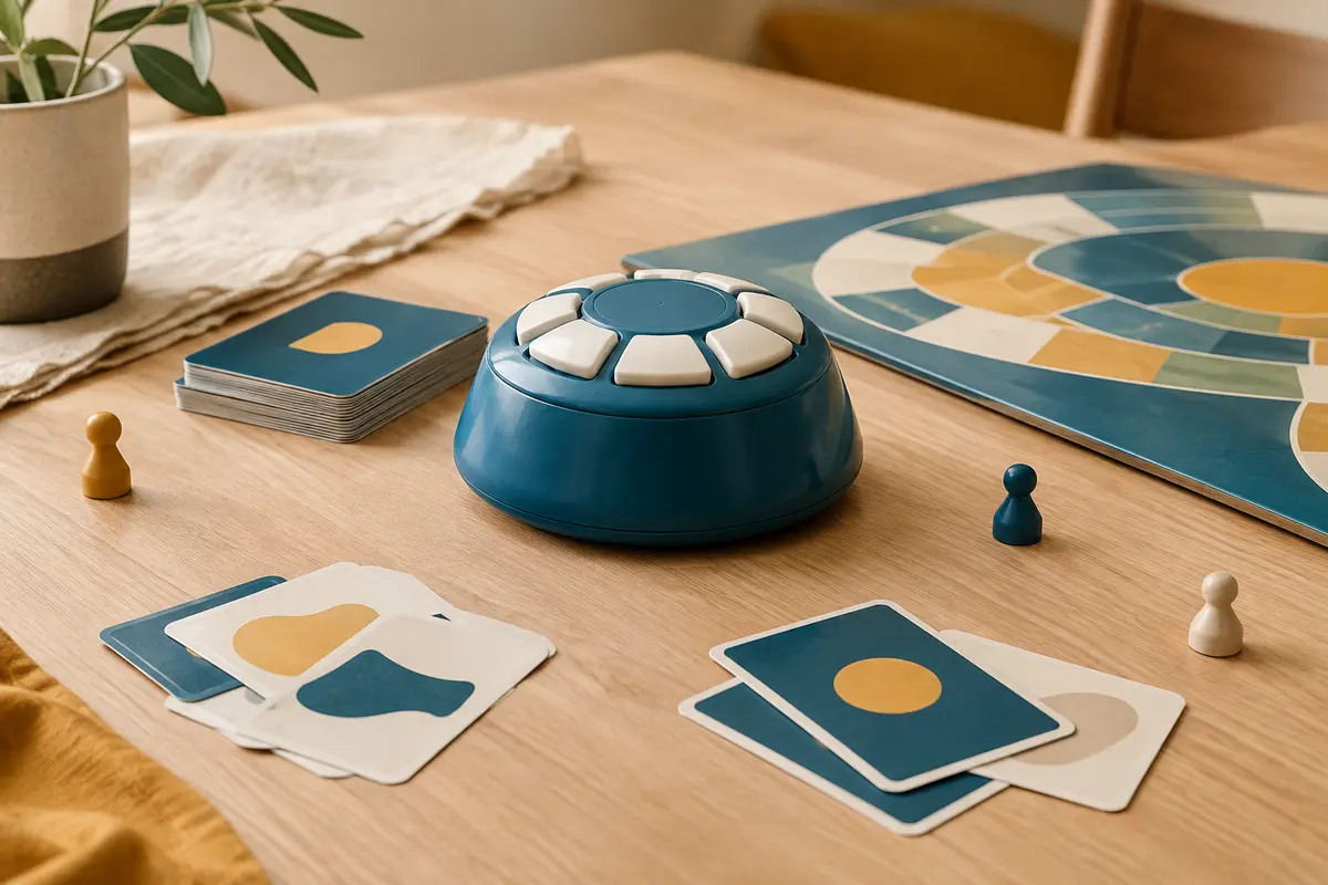 Jeu de mots électronique bleu avec son socle, ses cartes et son tapis de jeu sur une table claire