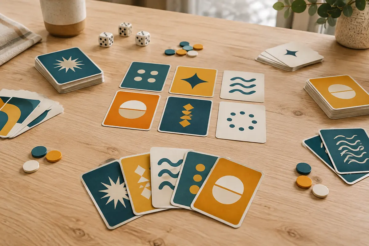 Cartes de jeu multicolores et jetons disposés sur une table en bois clair