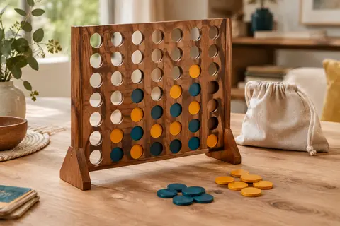 Grand Puissance 4 en bois avec ses jetons colorés et son sac de transport posé à côté