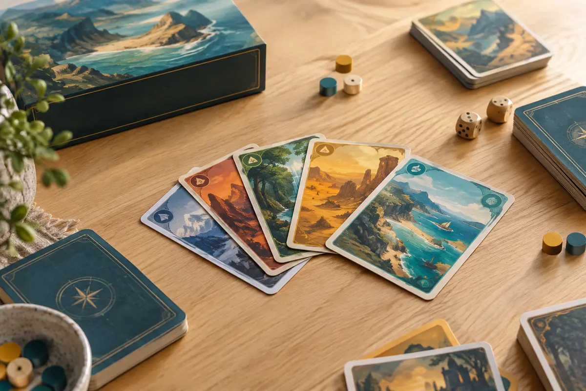 Cartes multicolores d’un jeu coopératif de deck-building disposées sur une table en bois clair