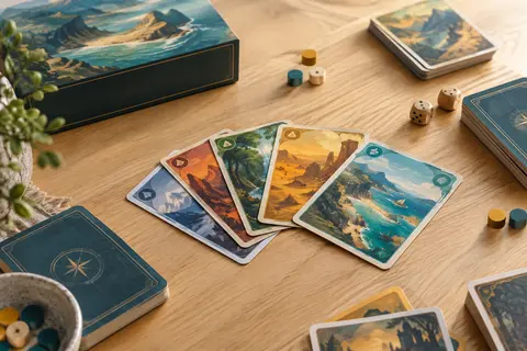 Cartes multicolores d’un jeu coopératif de deck-building disposées sur une table en bois clair