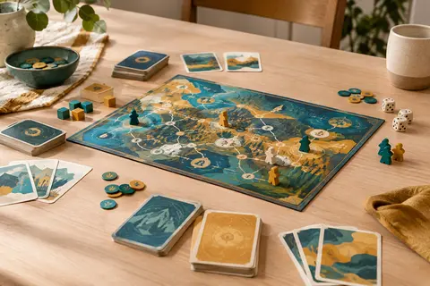 Plateau de jeu coopératif en carton avec cartes, dés et pions sur une table en bois clair