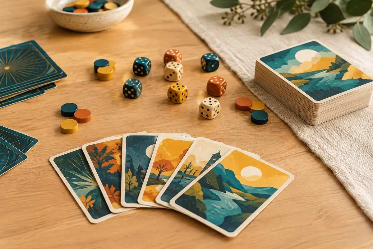 Cartes multicolores et dés d’un jeu de deckbuilding disposés sur une table en bois clair.